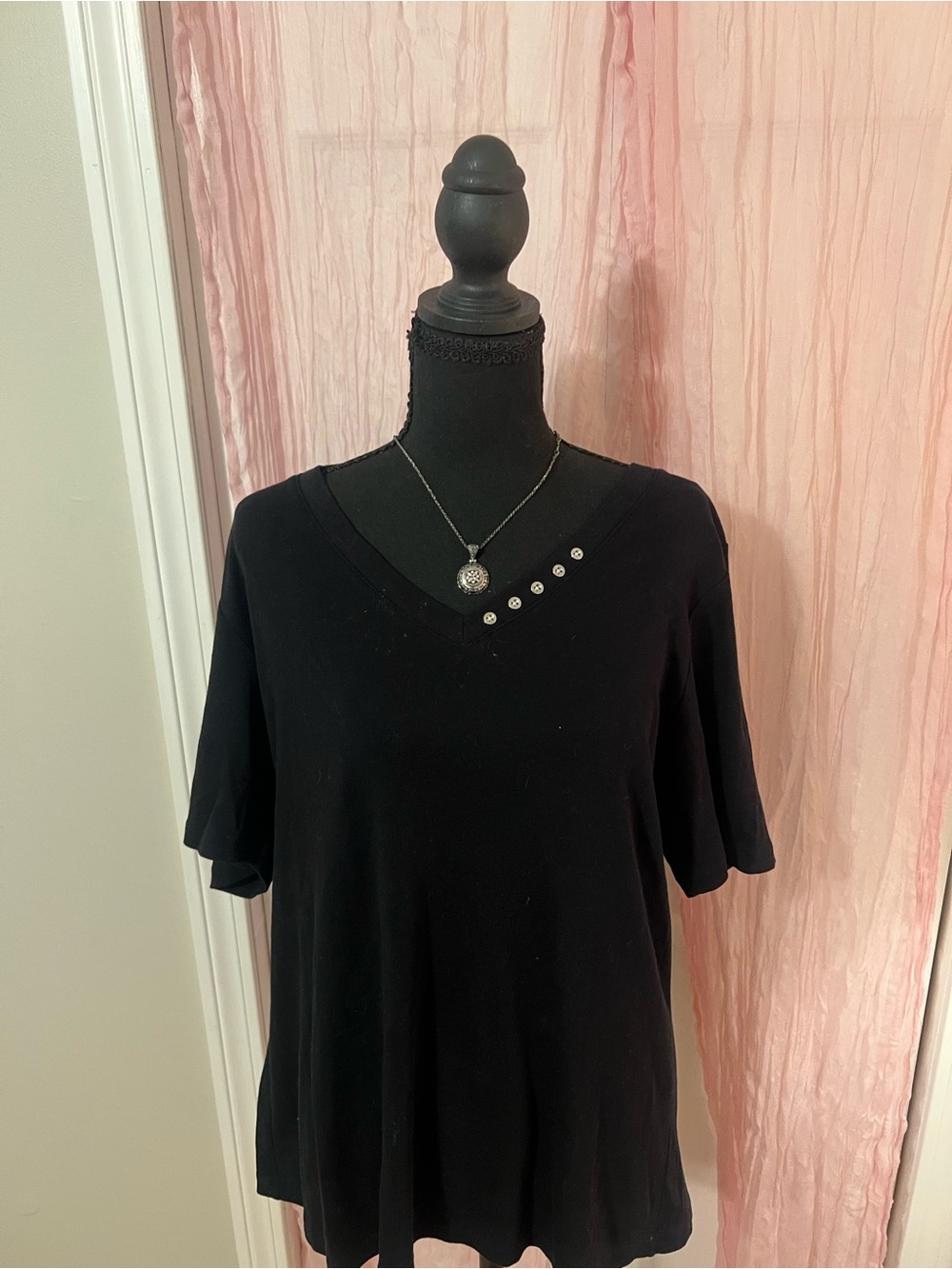 Karen Scott Black V-Neck Short Sleeve Top with Stud Accents